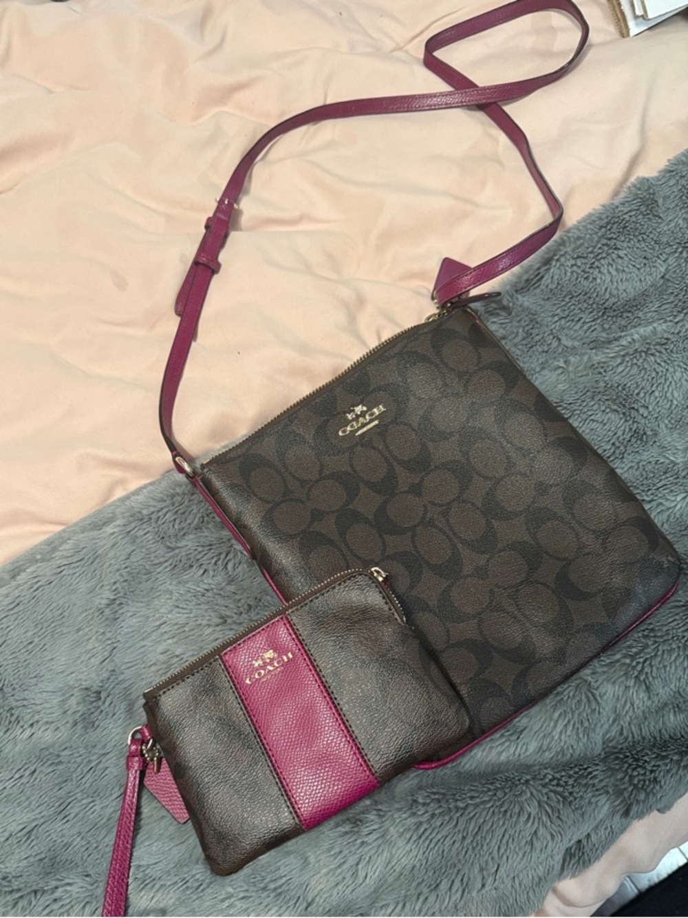 COACH Brown Signature Crossbody with Magenta Trim and Matching Wristlet